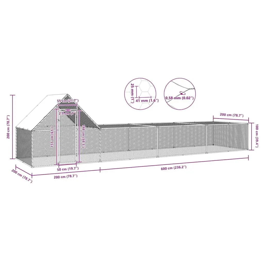 Chicken Coop Galvanised Steel 8x2x2m Silver Hen House Garden Poultry Run Enclosure