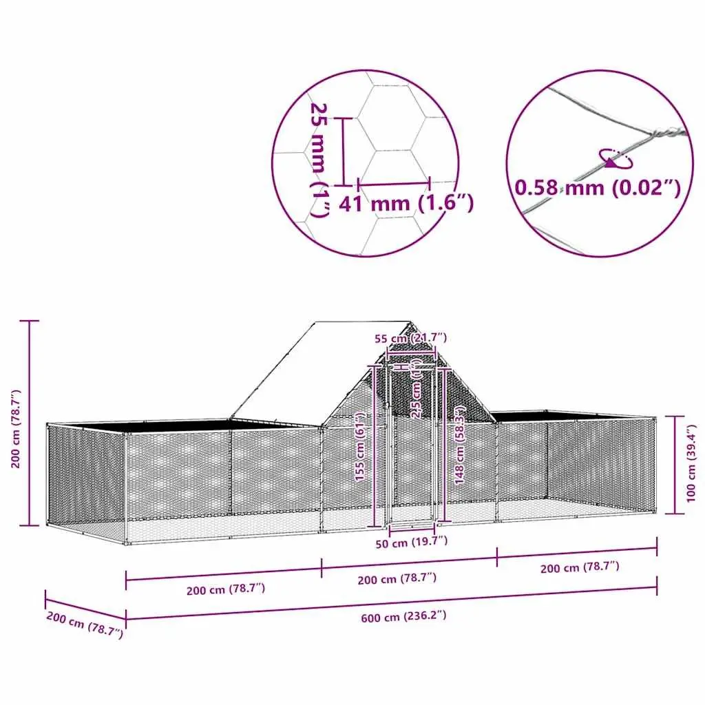 Poultry House Galvanised Steel 6x2x2m Silver Water Resistant Roof Lockable Door Wire Grid
