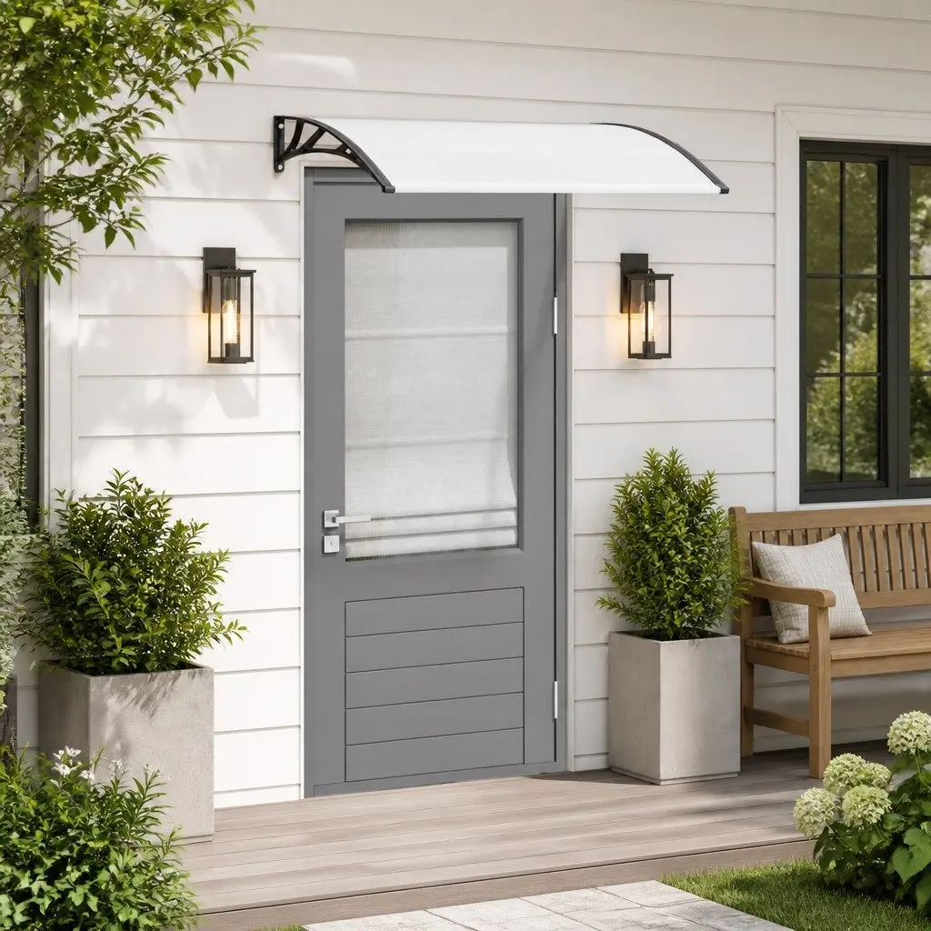 Polycarbonate Door Canopy Awning Black Transparent 120x75cm Weather Resistant Window Shelter