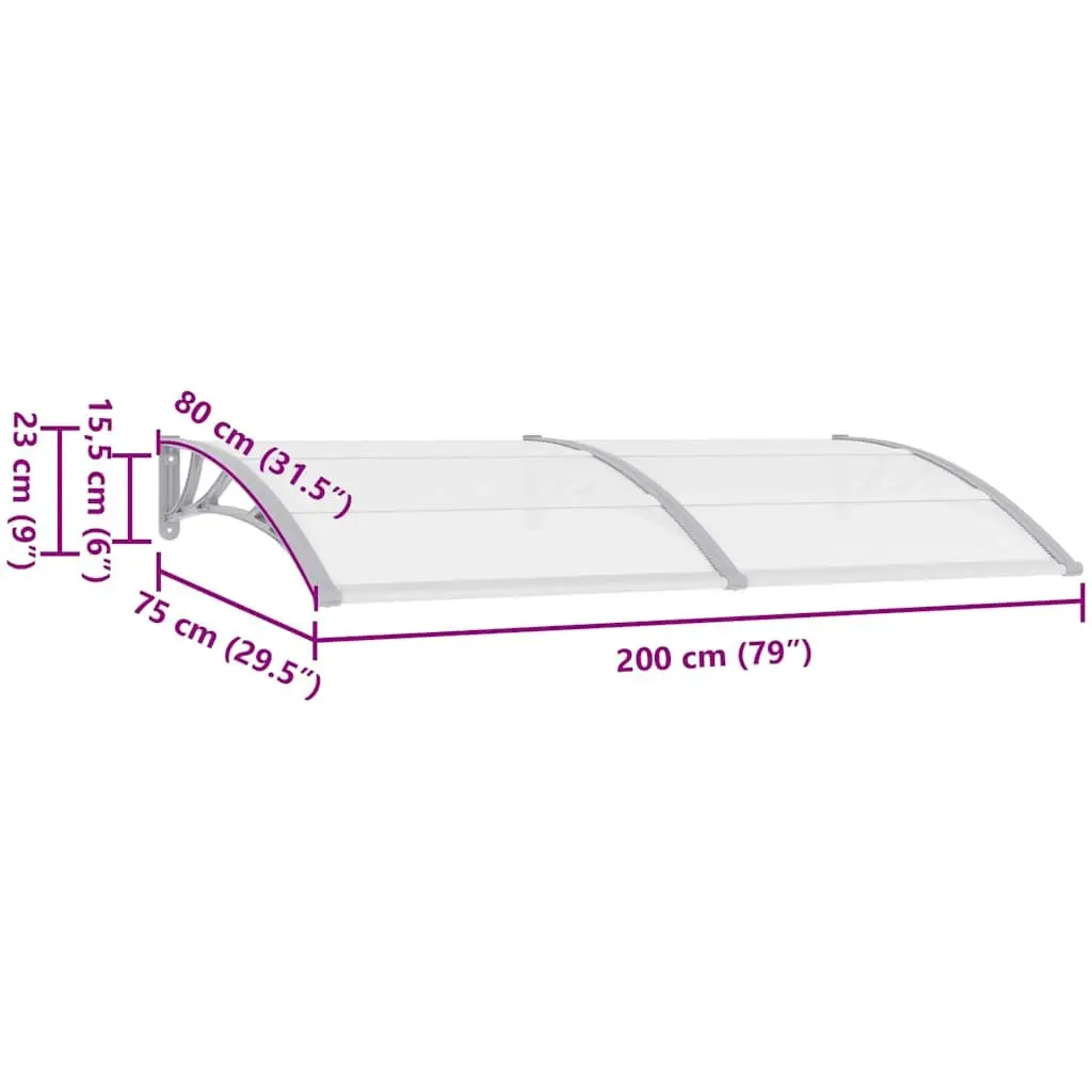 Door Canopy Polycarbonate Shelter Grey Transparent 200x75cm Outdoor Protection for Doorway and Window