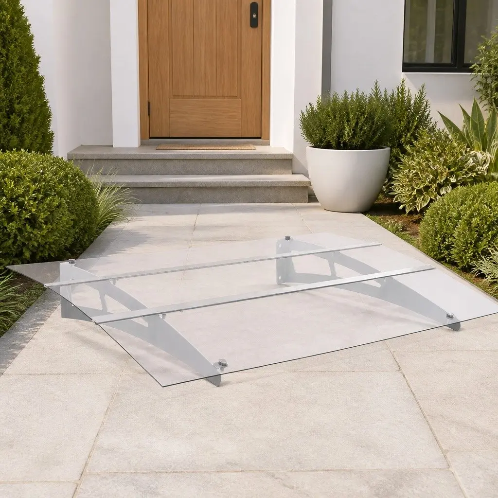 Polycarbonate Door Canopy Outdoor Awning Weather Protection 120x90cm Silver Transparent