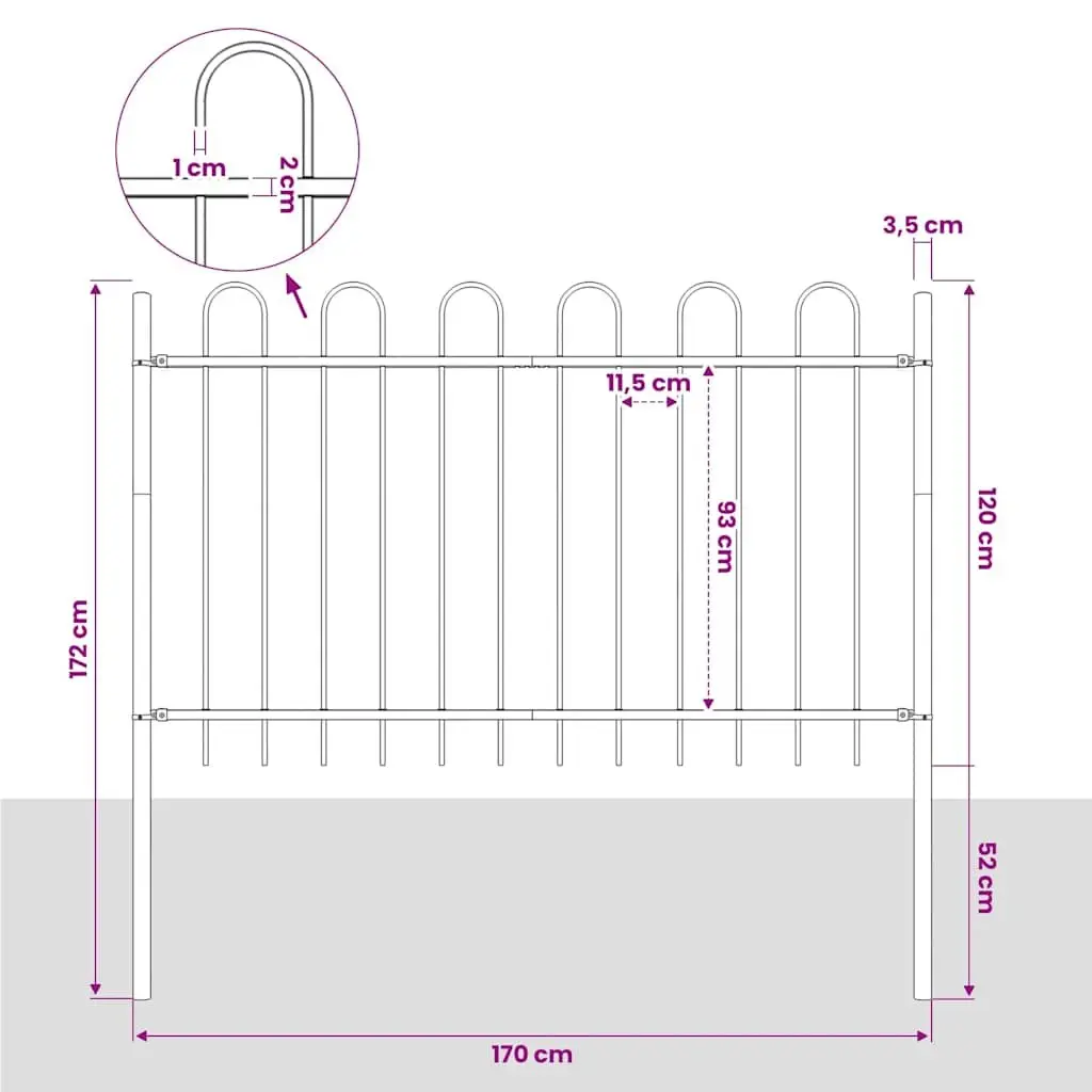 Decorative Steel Garden Fence Panel Black 181x120cm Hoop Top Outdoor Barrier