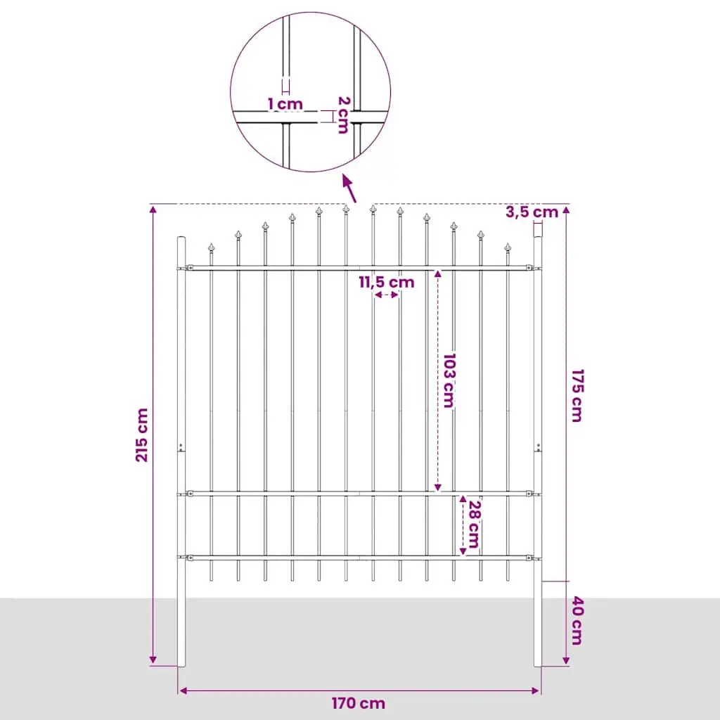 Garden Fence Panel Steel Spear Top Black 170x175cm Outdoor Perimeter Barrier