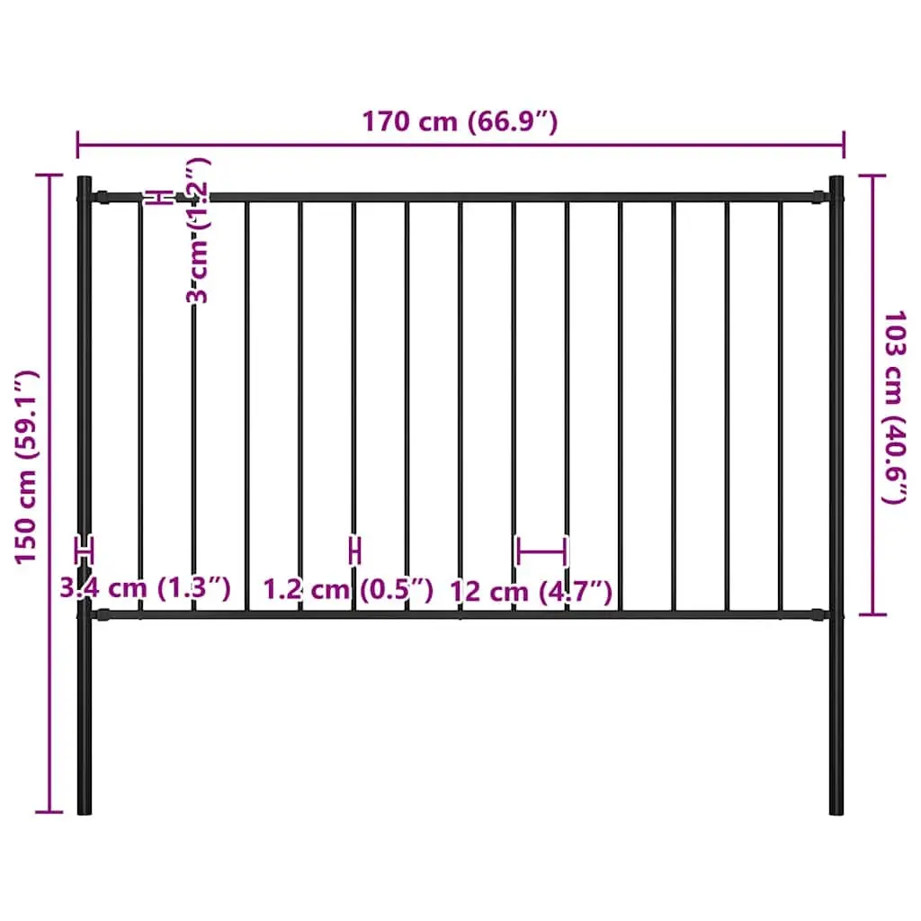 Steel Fence Panel with Posts Powder-Coated 1.7m x 1m Black