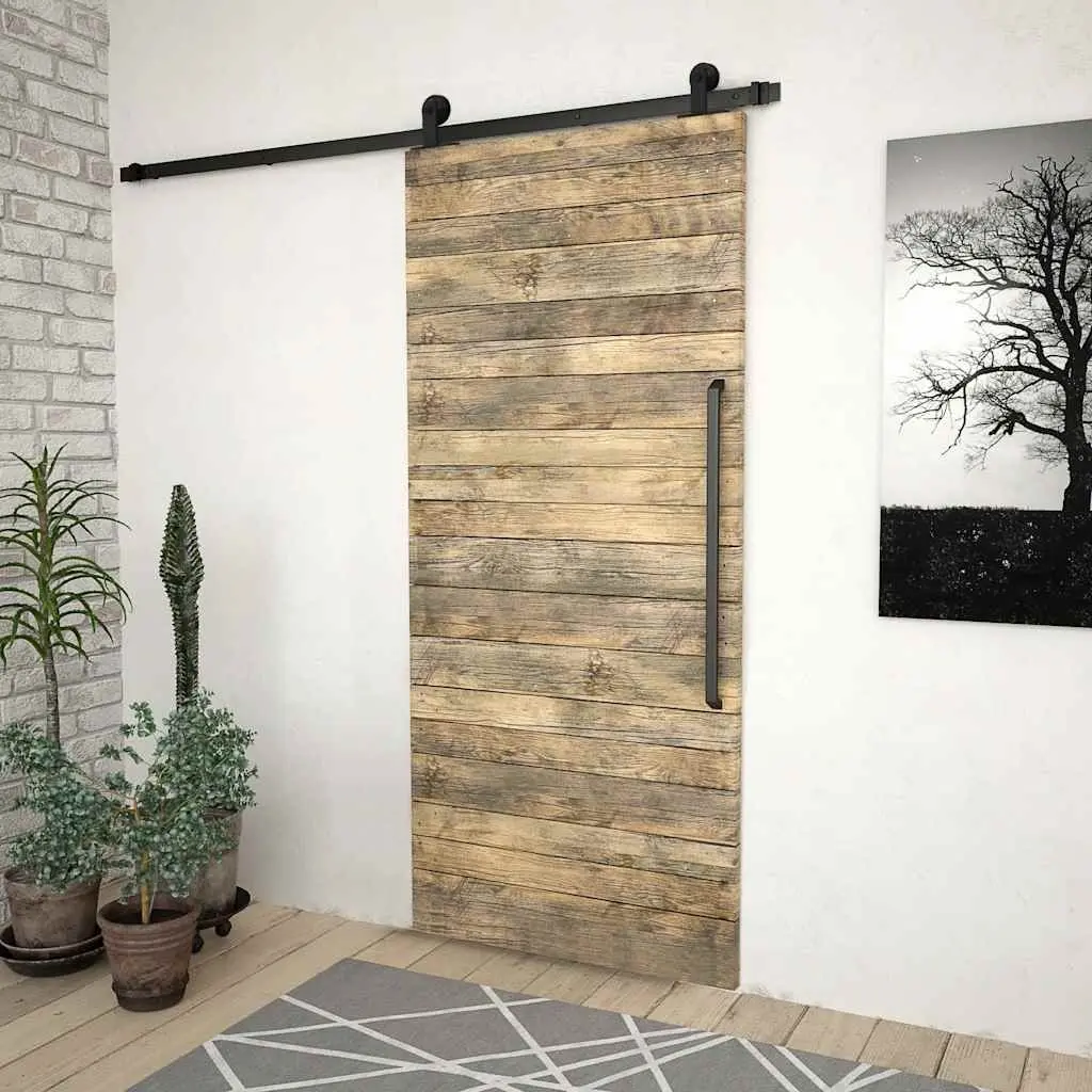 Sliding Door Hardware Kit Black Powder Coated Steel 200cm Track Rail Rollers with Floor Guide for Barn and Kitchen Doors
