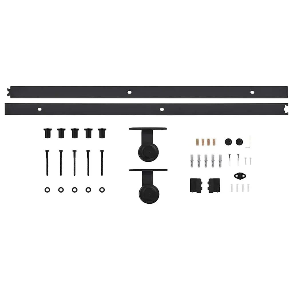 Sliding Door Hardware Kit Black Powder Coated Steel 200cm Track Rail Rollers with Floor Guide for Barn and Kitchen Doors