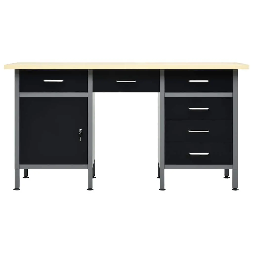 Workbench Steel and Engineered Wood 160x60x85cm Black 6 Drawers Lockable Cabinet
