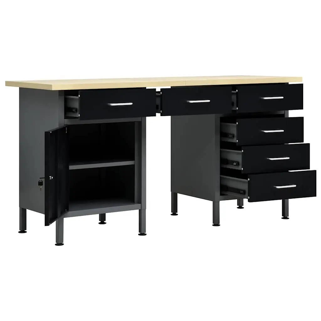Workbench Steel and Engineered Wood 160x60x85cm Black 6 Drawers Lockable Cabinet