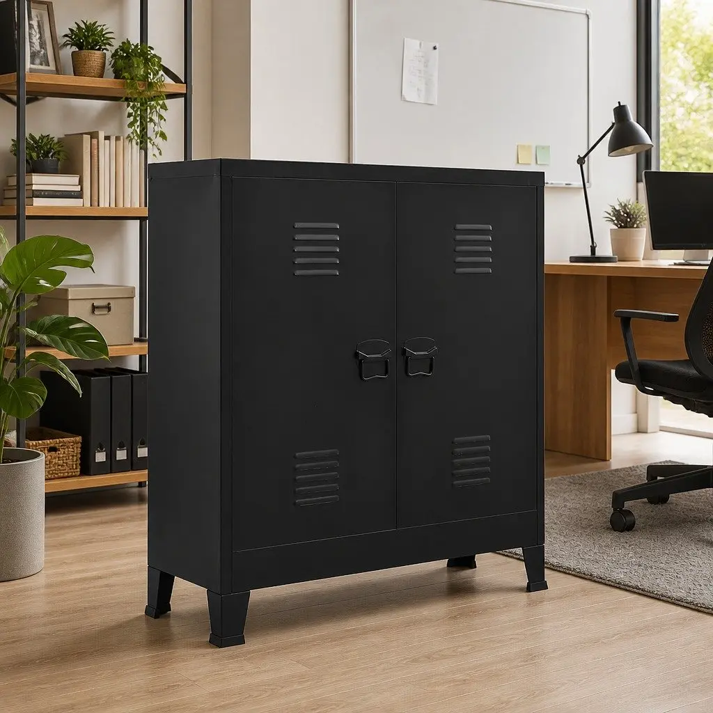 Industrial Storage Chest Black Steel Cabinet 2 Shelves Office Organiser