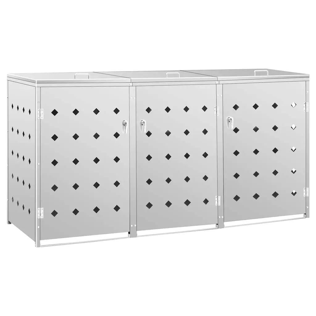 Triple Wheelie Bin Shed Stainless Steel 240L Silver Waste Storage Container