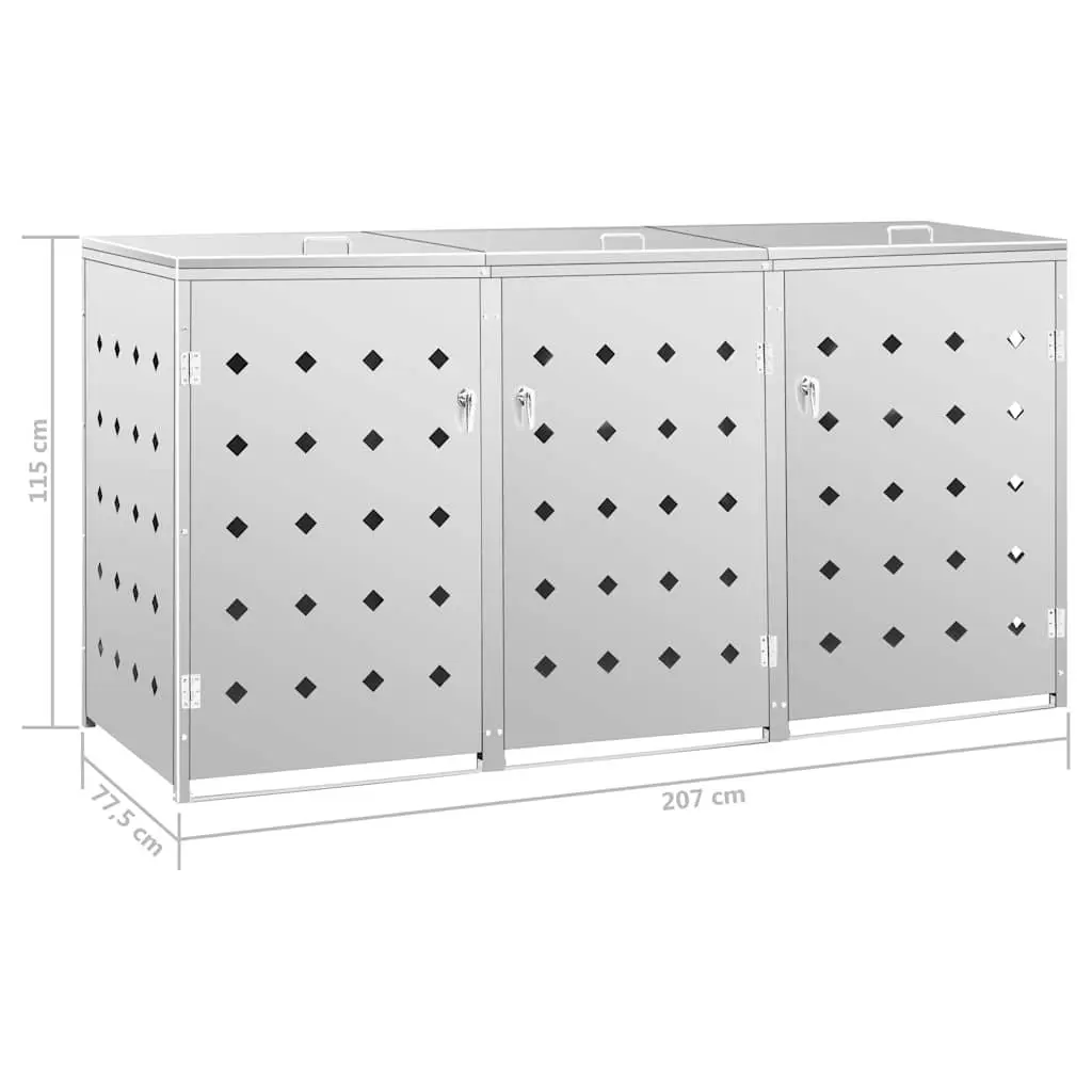 Triple Wheelie Bin Shed Stainless Steel 240L Silver Waste Storage Container