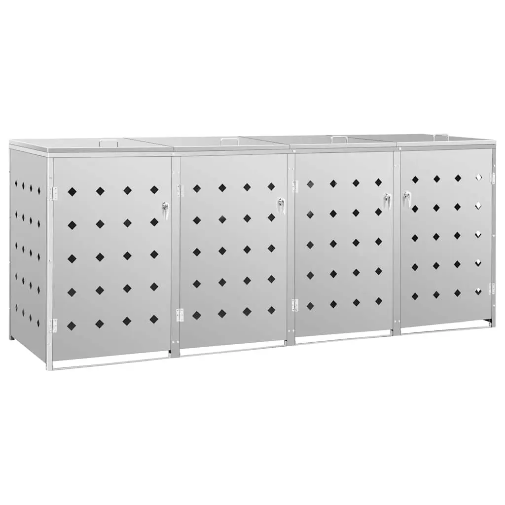 240L Silver Stainless Steel Wheelie Bin Shed Quadruple Storage Enclosure with Ventilation and Locking System