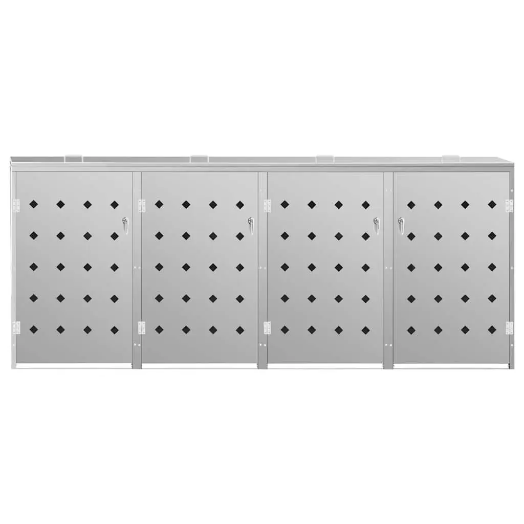 240L Silver Stainless Steel Wheelie Bin Shed Quadruple Storage Enclosure with Ventilation and Locking System