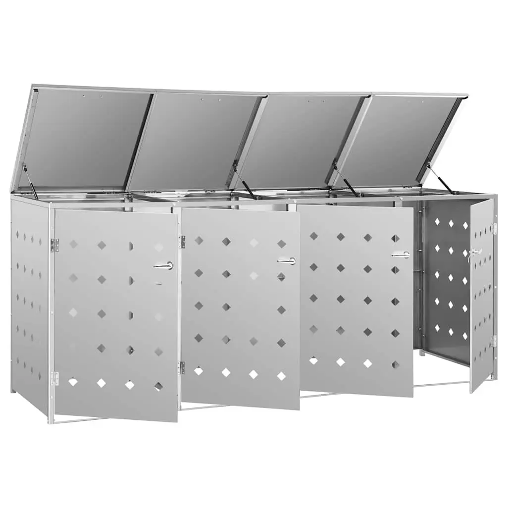 240L Silver Stainless Steel Wheelie Bin Shed Quadruple Storage Enclosure with Ventilation and Locking System