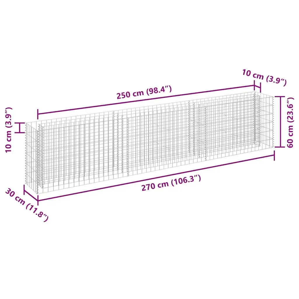 Gabion Planter Raised Garden Bed Galvanised Steel 270 x 30 x 60 cm Silver