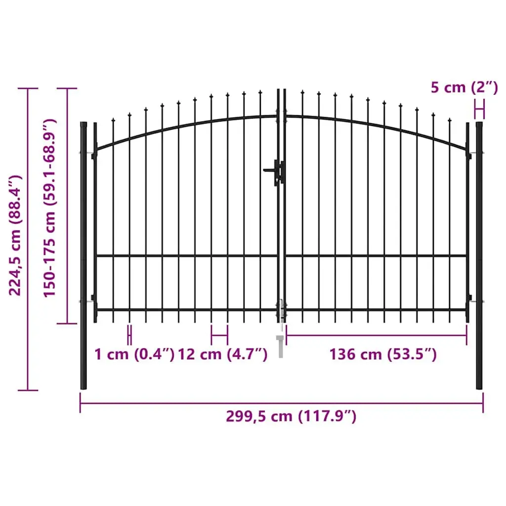 Garden Gate Double Door Fence Barrier with Spike Top Black 299.5x224.5cm