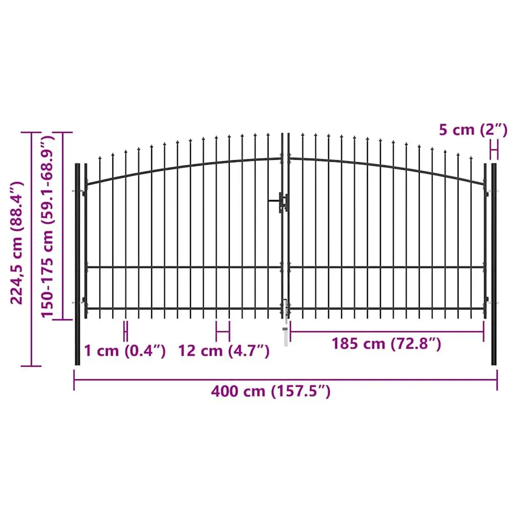 Double Door Garden Gate Heavy Duty Steel Black 400x224.5cm with Spear Top