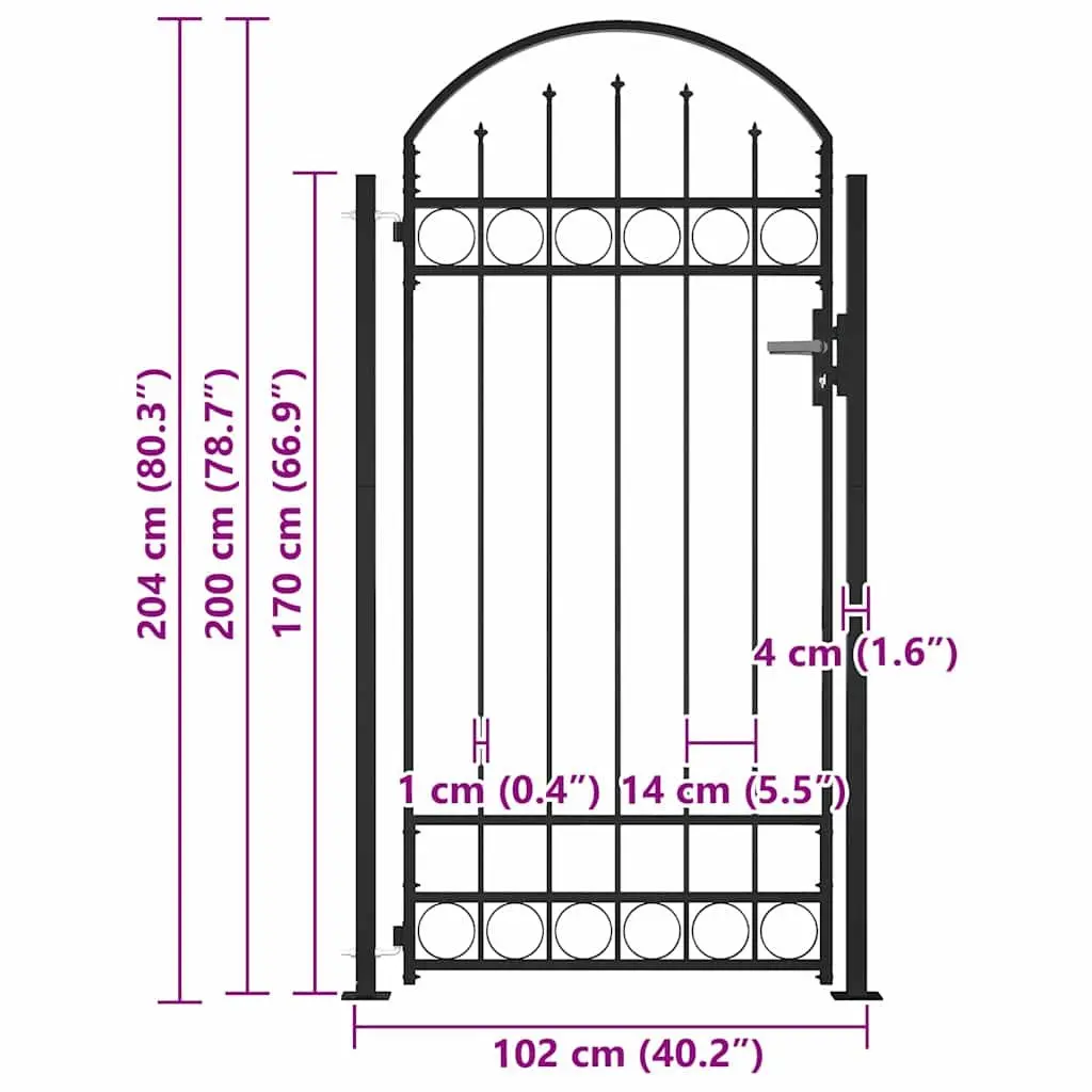Garden Gate with Arched Top 105x170 cm Black Fence Entry Gate with Posts