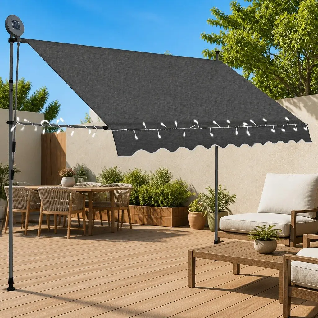 Manual Retractable Awning Polyester 250cm Anthracite with Solar LED Lights