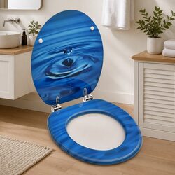 Toilet Seat with Lid Blue Water Drop Design Bathroom WC Accessory Adjustable