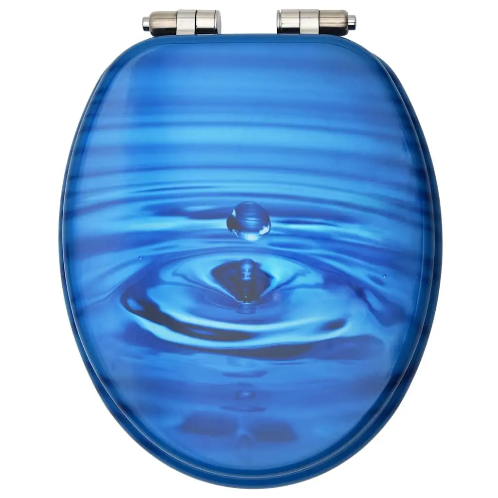 Toilet Seat with Soft Close Lid Blue Water Drop Design MDF Adjustable Hinges