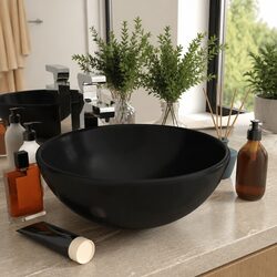 Round Bathroom Basin Ceramic Wash Sink Counter Top Matt Black 32.5cm