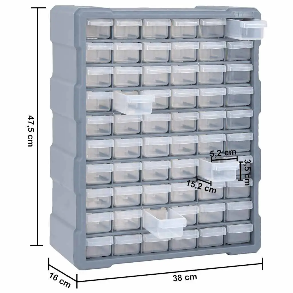 60 Drawer Tool Storage Box Grey Multi-Drawer Organiser Polypropylene 38x16x47.5cm