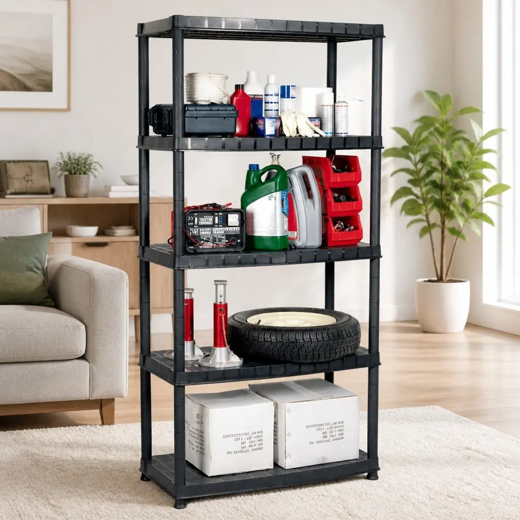 5 Tier Black Plastic Shelf Compact Organizer Display Stand for Storage and Decoration 85W x 40D x 185H cm