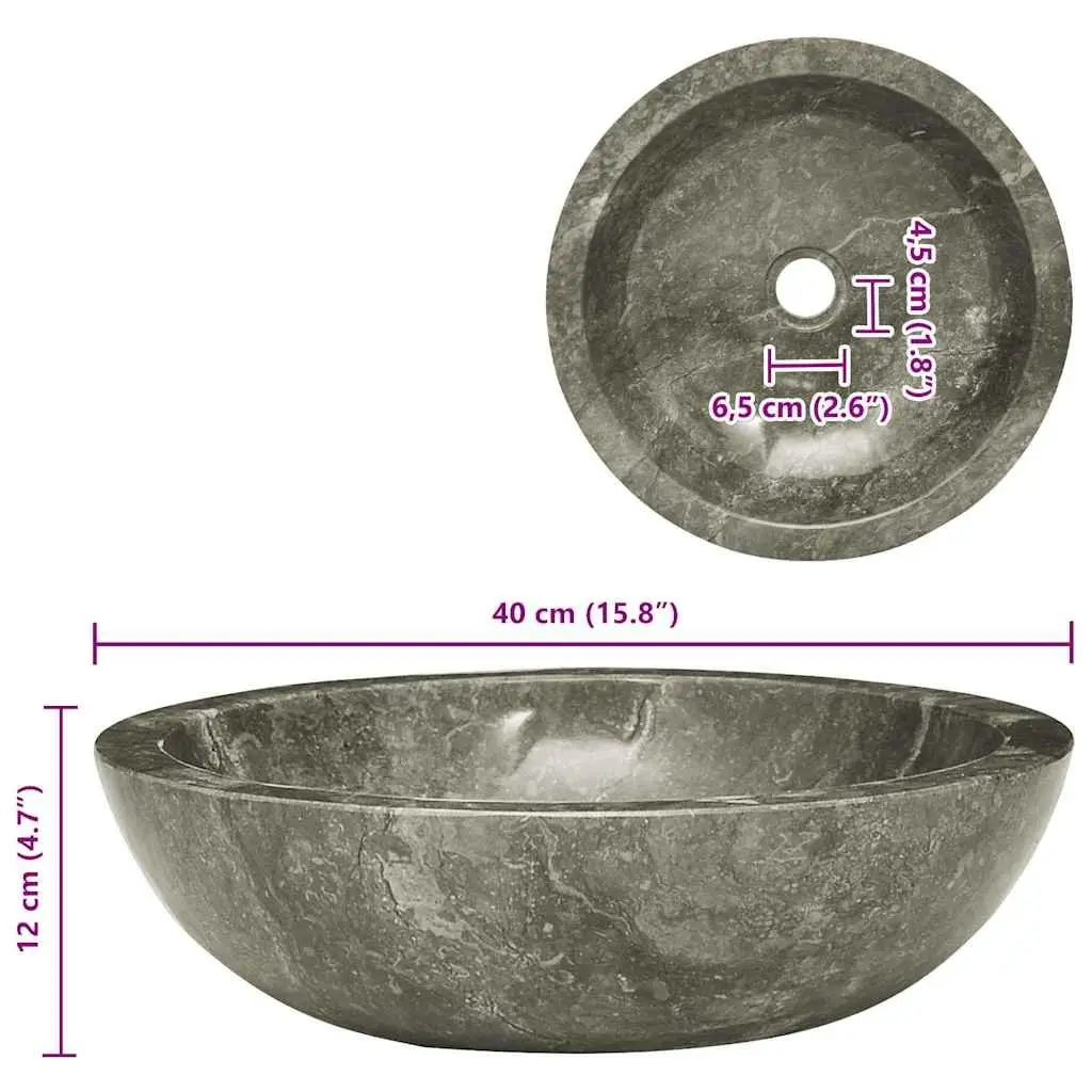 Round Bathroom Sink Handmade Grey Marble Natural Stone 40cm Diameter