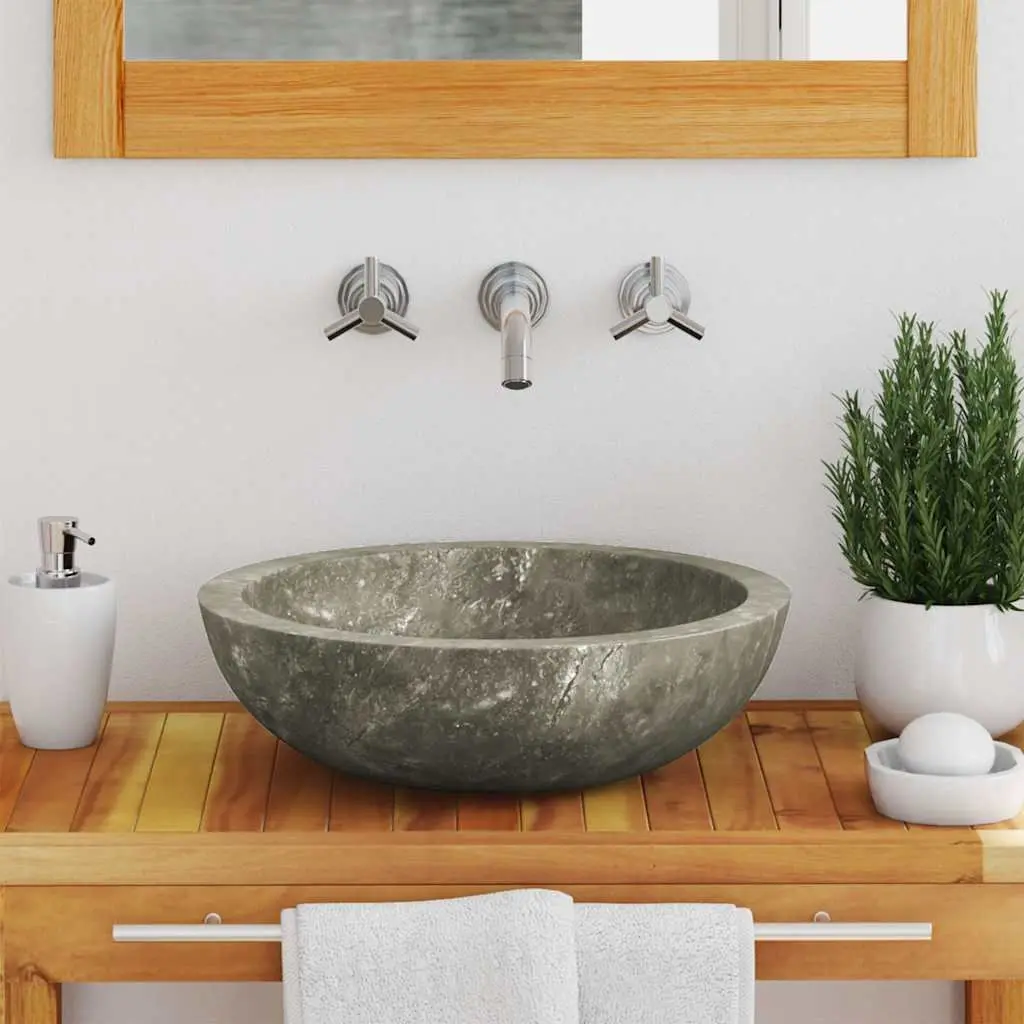 Round Bathroom Sink Handmade Grey Marble Natural Stone 40cm Diameter