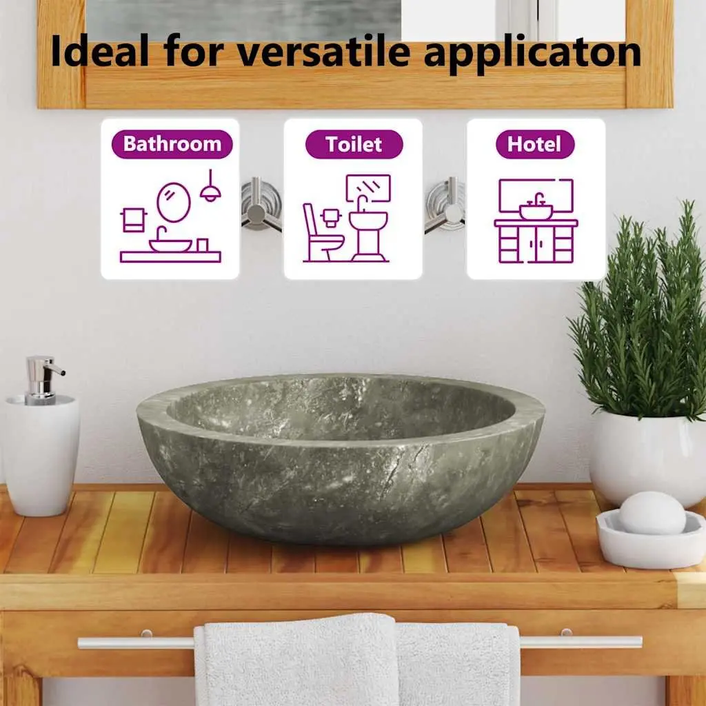 Round Bathroom Sink Handmade Grey Marble Natural Stone 40cm Diameter