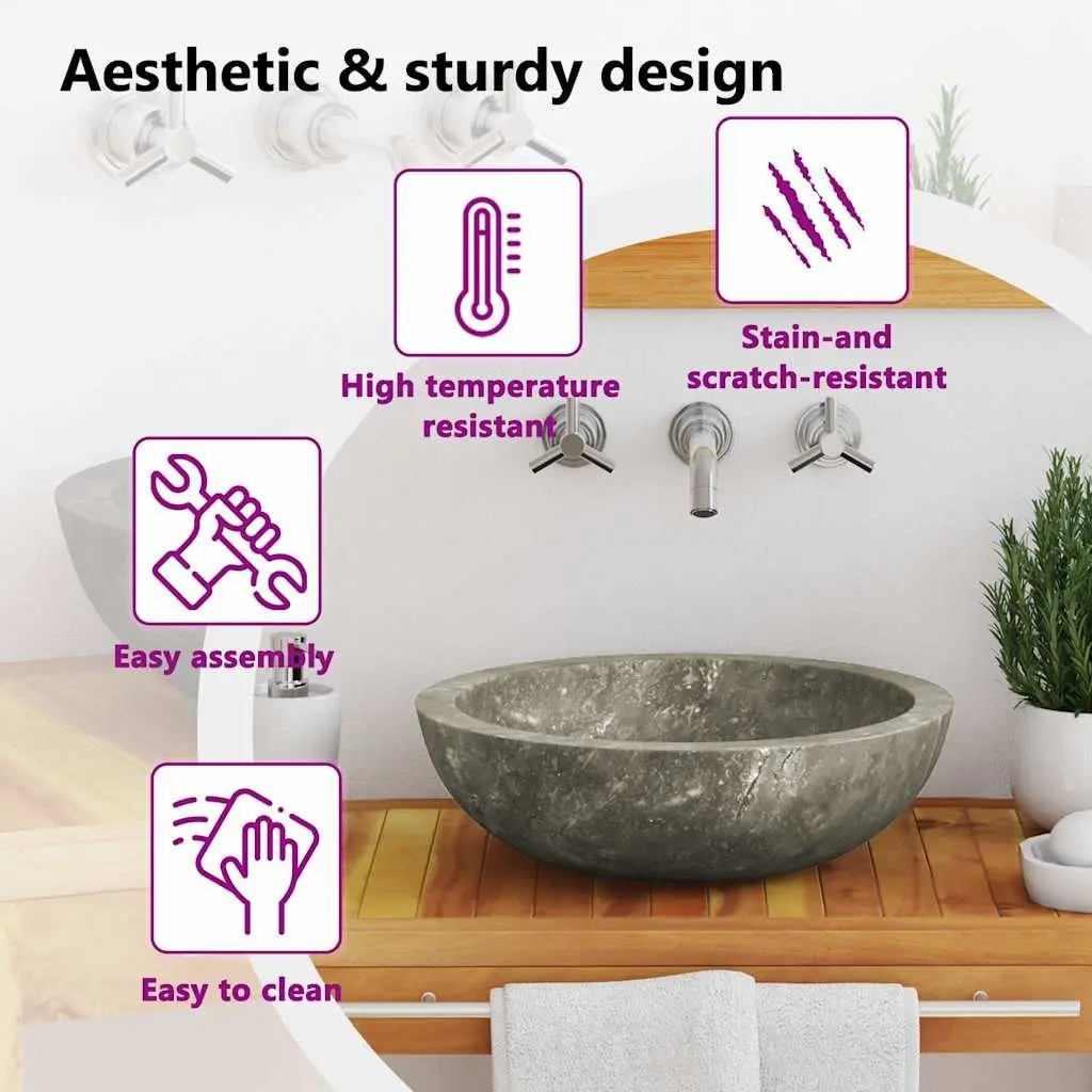 Round Bathroom Sink Handmade Grey Marble Natural Stone 40cm Diameter