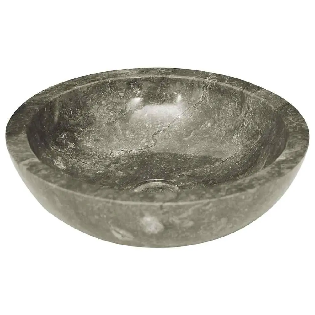 Round Bathroom Sink Handmade Grey Marble Natural Stone 40cm Diameter