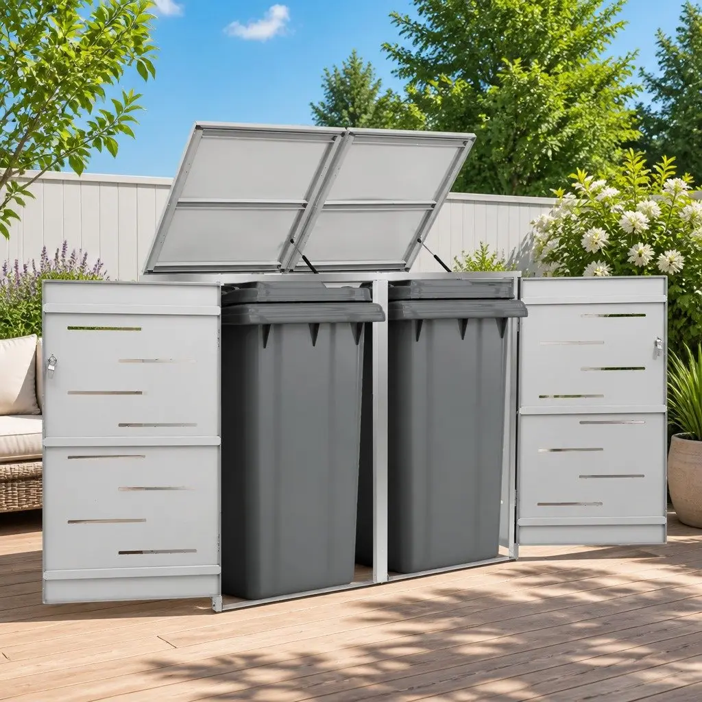 Double Wheelie Bin Shed Garden Waste Container Enclosure Stainless Steel Frame