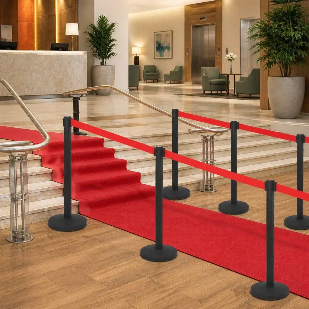 Stanchion Barrier Powder-coated Iron 4 Piece Retractable Belt Crowd Control Safety Posts Black