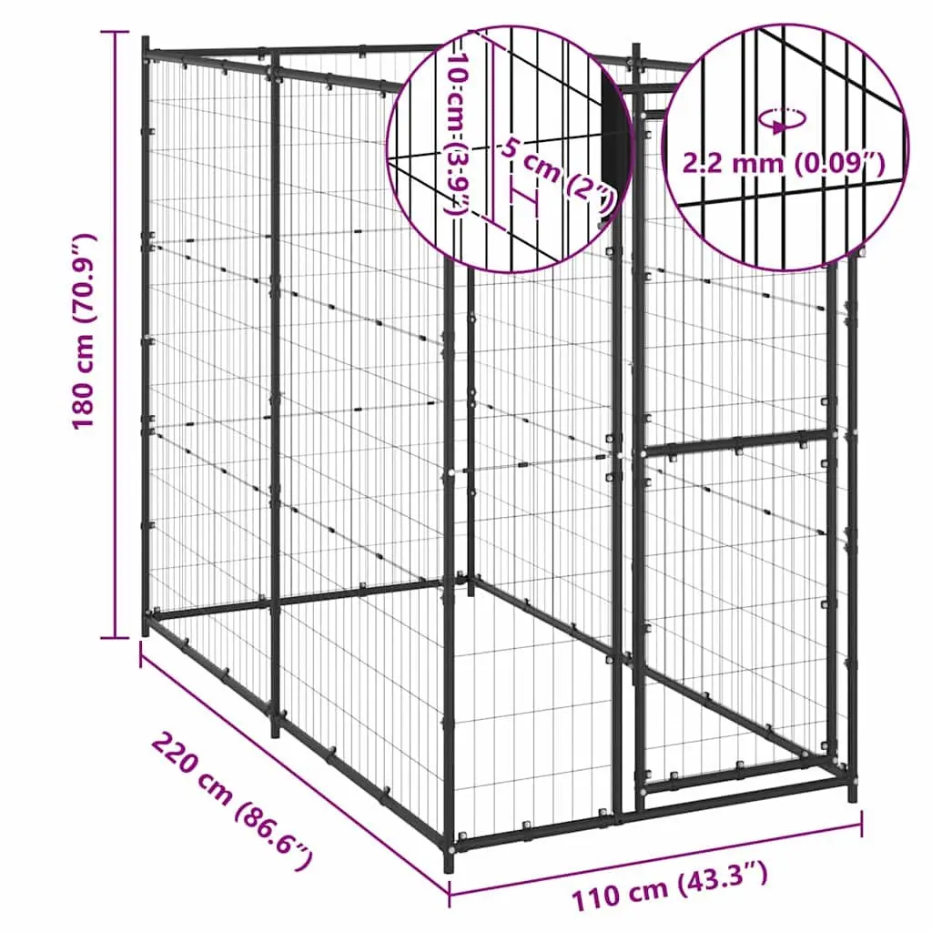 Dog Kennel Outdoor Steel Black 110 x 220 x 180 cm Secure Lockable Door