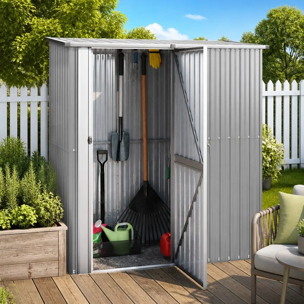 Garden Shed Grey Outdoor Storage Tools Galvanised Steel Lockable Door Sloping