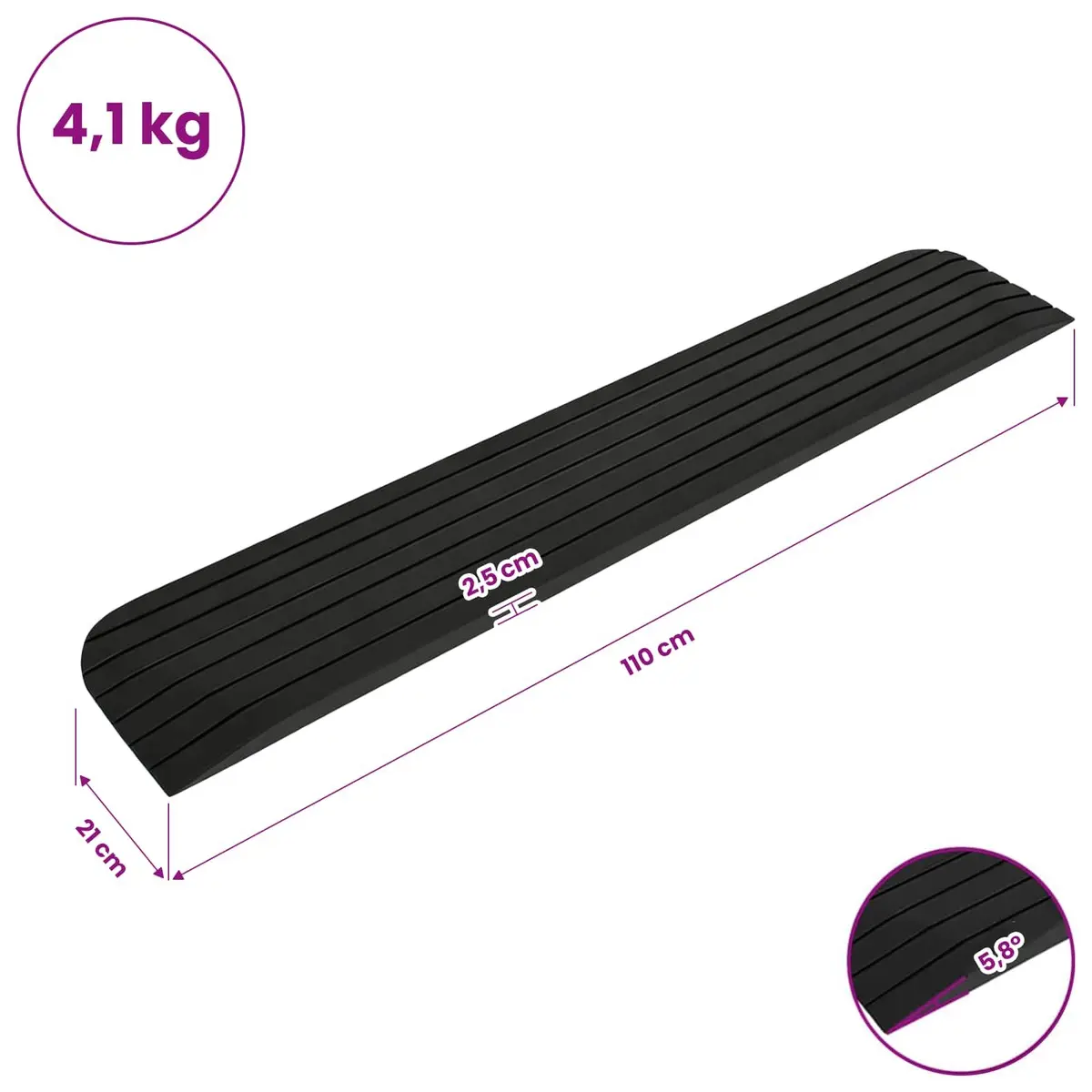 Rubber Non-Slip Surface Ramps Set for Wheelchairs Rollators Scooters 110 x 21 x 2.5 cm