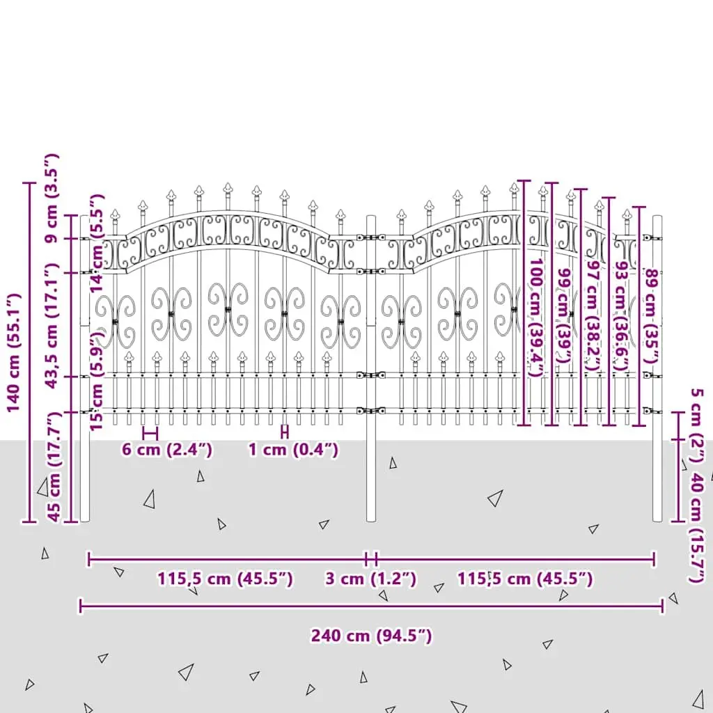 Garden Fence Panel Powder-coated Steel 240 x 100 cm Black Spear Top