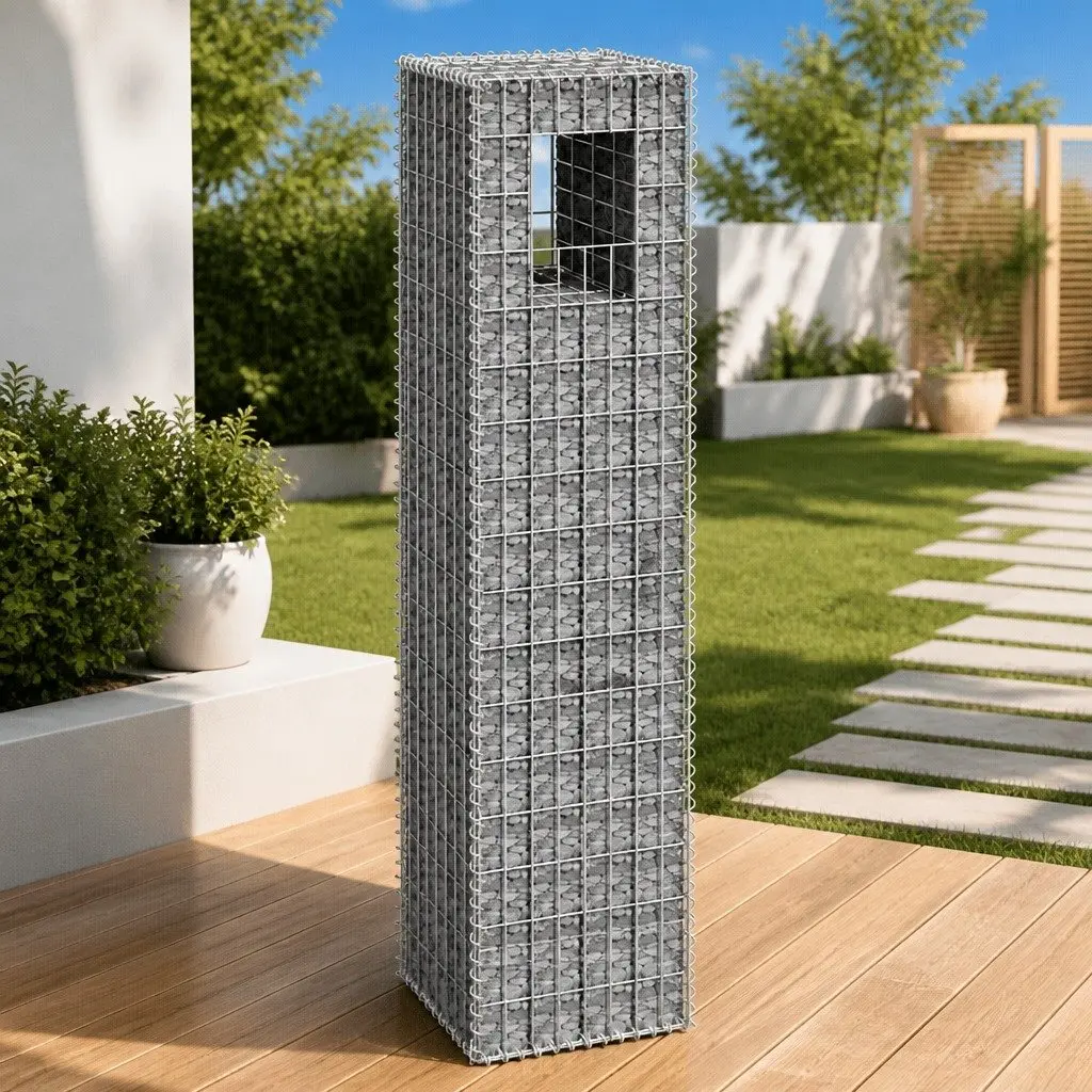 Iron Gabion Post Garden Fence Barrier Silver 40x40x180cm Welded Mesh Construction for Patios and Borders