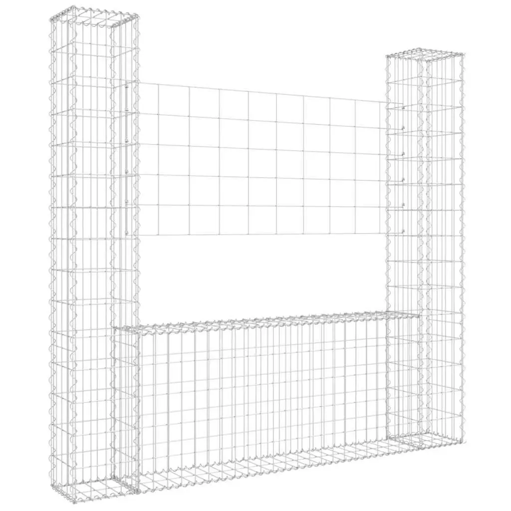 U-Shape Gabion Basket Silver 140x20x150cm with 2 Integrated Posts for Garden Retaining Wall and Outdoor Fencing