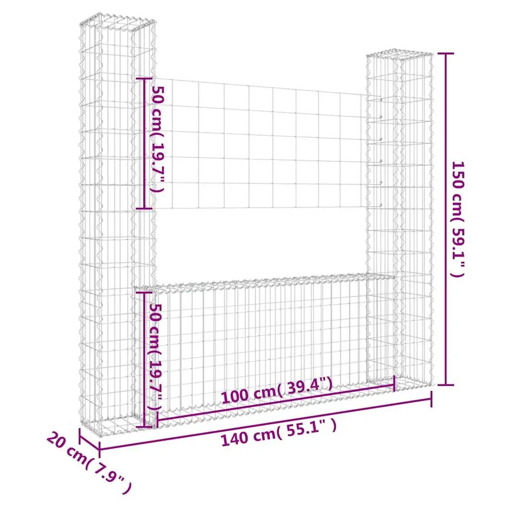 U-Shape Gabion Basket Silver 140x20x150cm with 2 Integrated Posts for Garden Retaining Wall and Outdoor Fencing