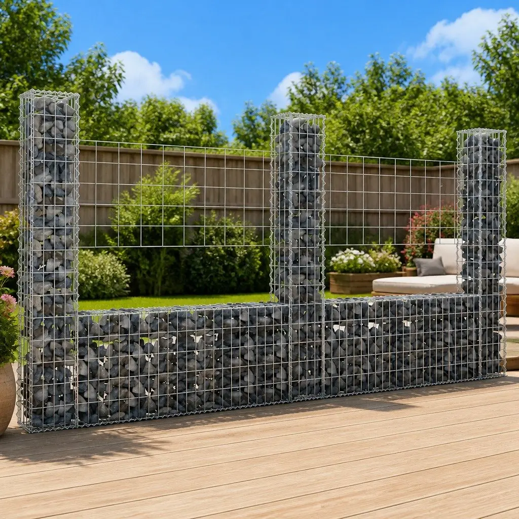 Gabion Basket U-Shape Iron Mesh 260x20x150cm Silver with 3 Posts for Garden Barrier and Retaining Wall Construction