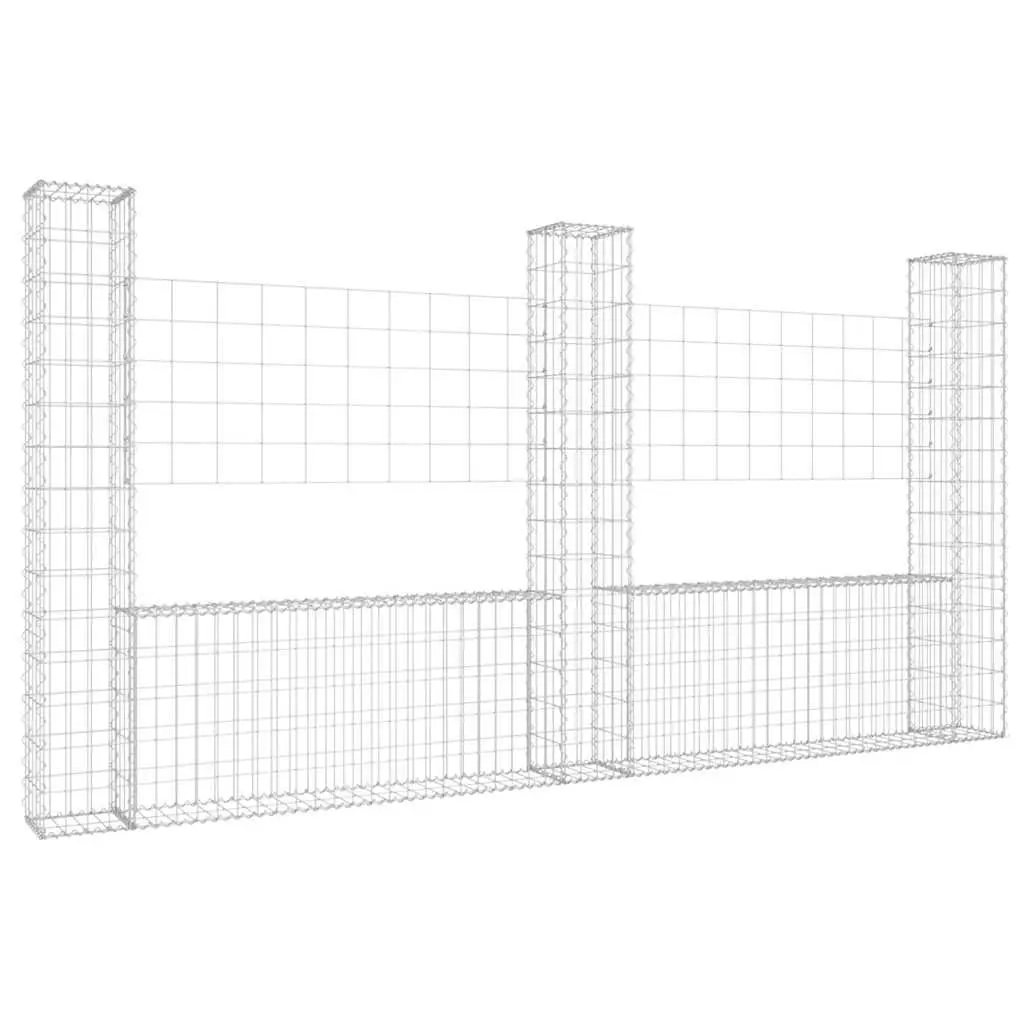 Gabion Basket U-Shape Iron Mesh 260x20x150cm Silver with 3 Posts for Garden Barrier and Retaining Wall Construction