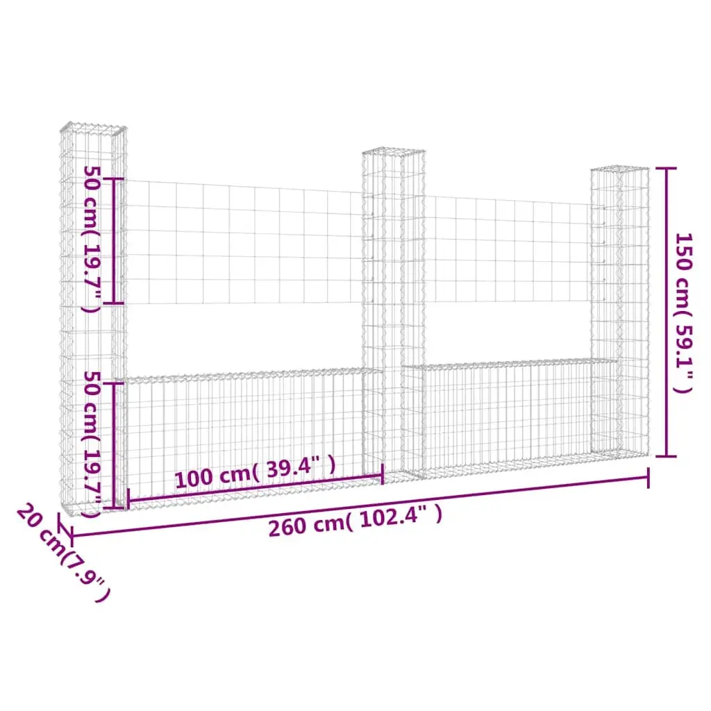 Gabion Basket U-Shape Iron Mesh 260x20x150cm Silver with 3 Posts for Garden Barrier and Retaining Wall Construction