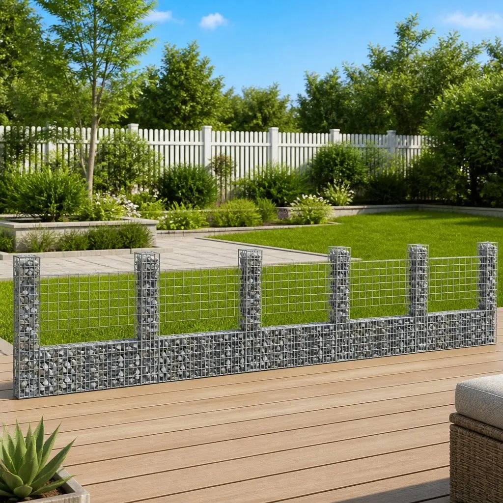 U-Shape Gabion Basket Iron 620 x 20 x 150 cm Silver with 6 Posts for Garden Barrier Retaining Wall