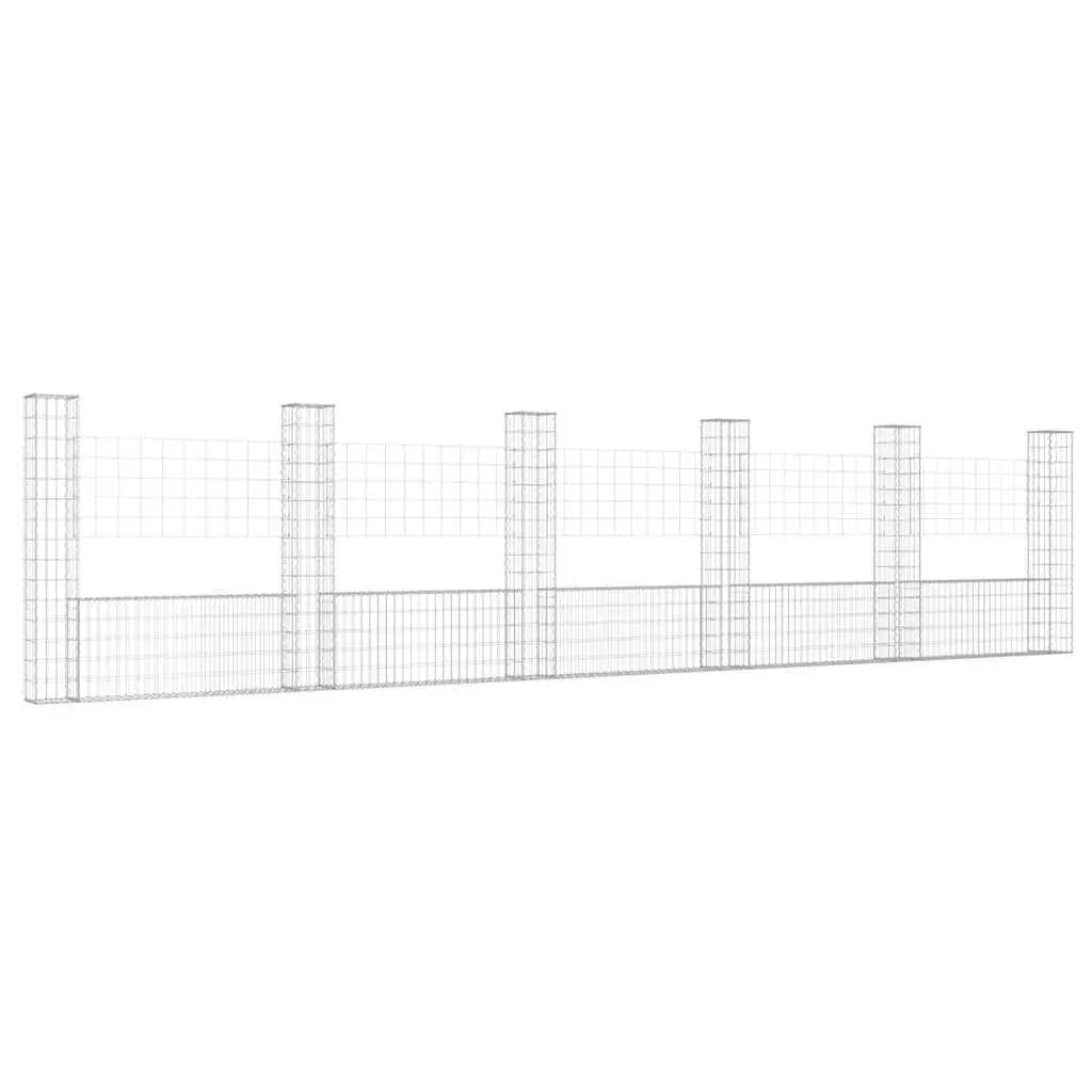 U-Shape Gabion Basket Iron 620 x 20 x 150 cm Silver with 6 Posts for Garden Barrier Retaining Wall