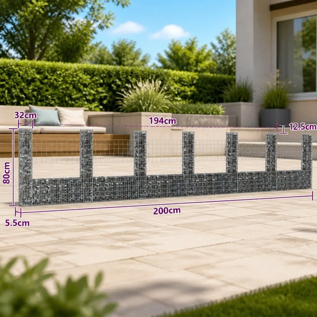 U-Shape Gabion Basket Fence Panel Iron 740 x 20 x 150 cm Silver with 7 Posts