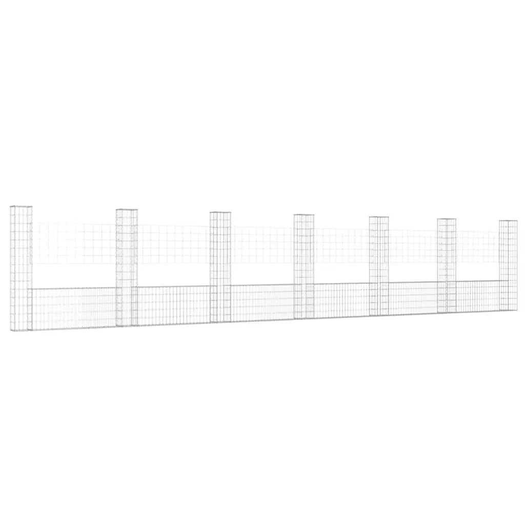 U-Shape Gabion Basket Fence Panel Iron 740 x 20 x 150 cm Silver with 7 Posts