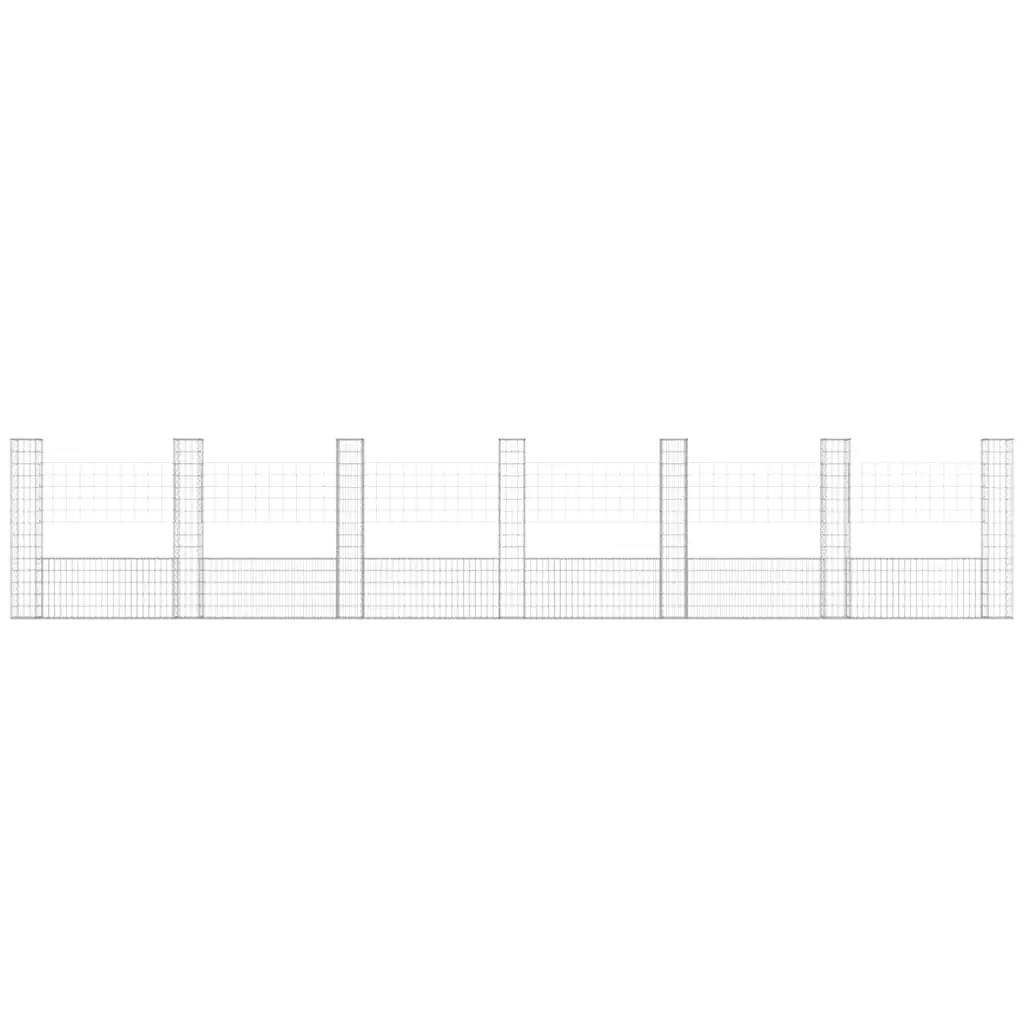 U-Shape Gabion Basket Fence Panel Iron 740 x 20 x 150 cm Silver with 7 Posts